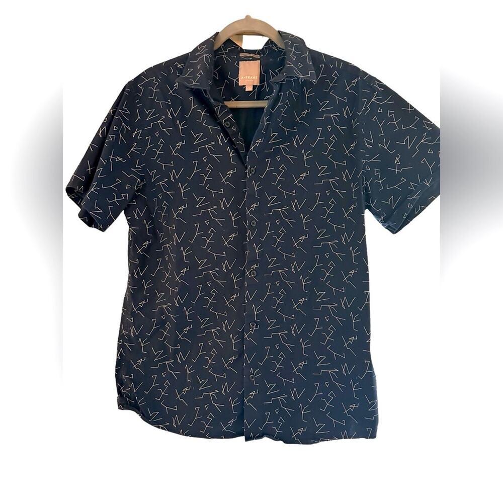 A-Frame Men's Stretch Slim Button Front Shirt, Navy Print, size L